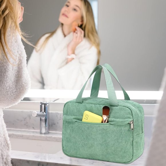 Women Cute Corduroy Travel Tote Large Zipper Make Up Organizer Toiletry Bags - Picture 6 of 7